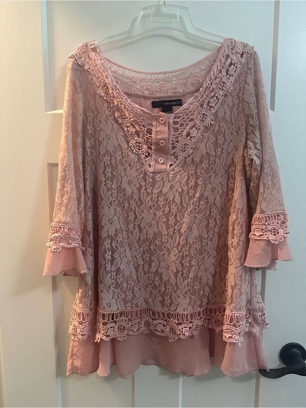 Denim 24/7 Dusty Rose Lace Button-Front Tunic